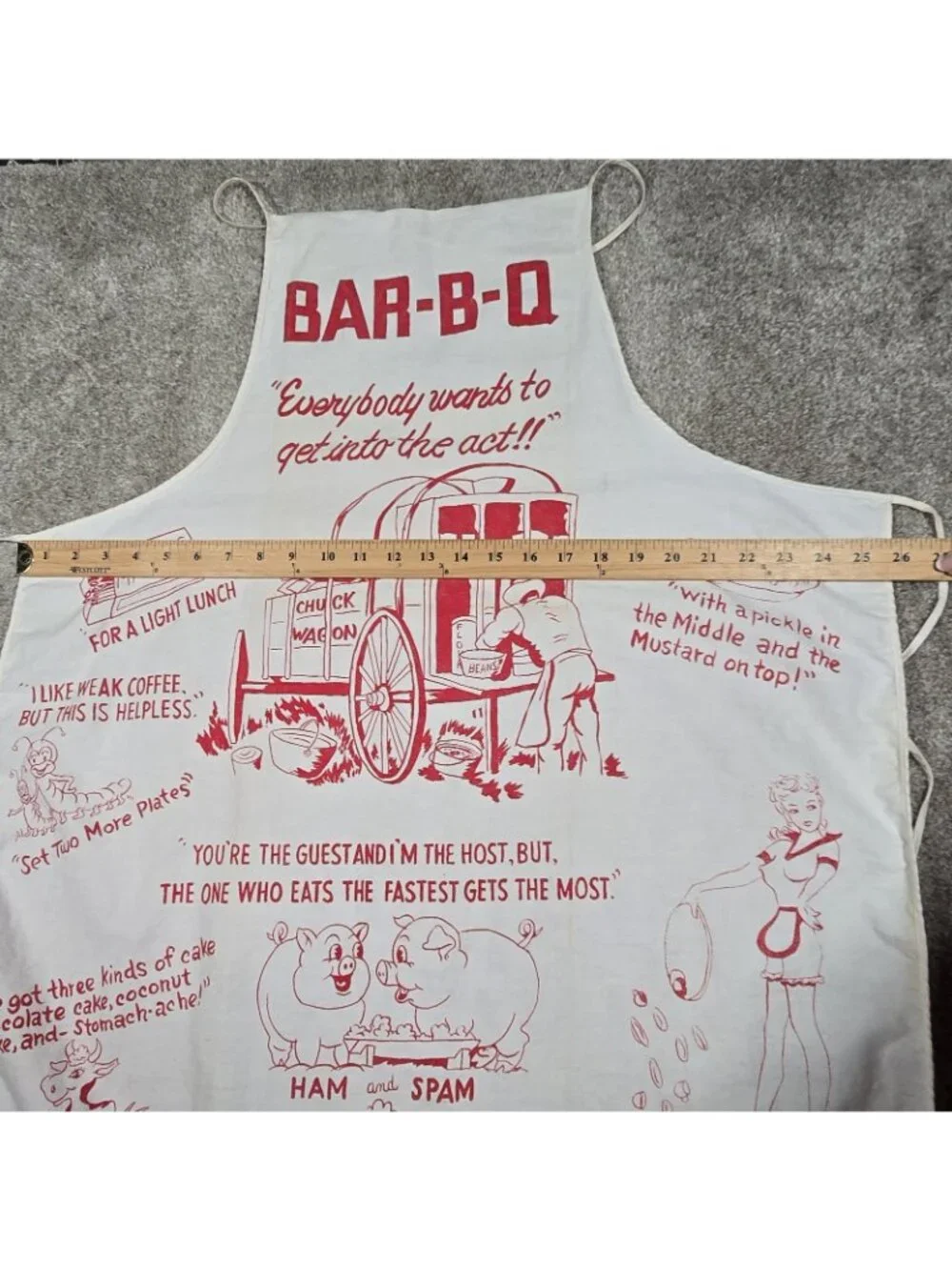 Vintage BAR-B-Q Apron Kitschy Graphics Novelty Puns Chuck Wagon Tailgate Cookout